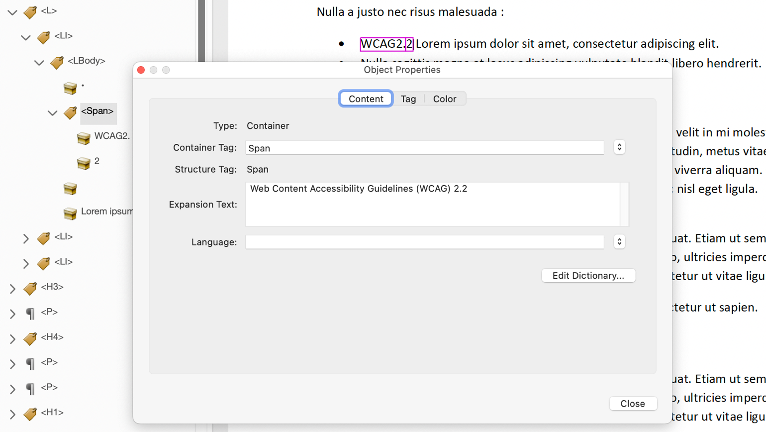 The addition of expansion text to an abbreviation using the Accessibility Tags panel. The text 'WCAG2.2' has been selected and a Span tag created for it. The expansion text 'Web Content Accessibility Guidelines (WCAG) 2.2' is entered as the expansion of 'WCAG2.2'.