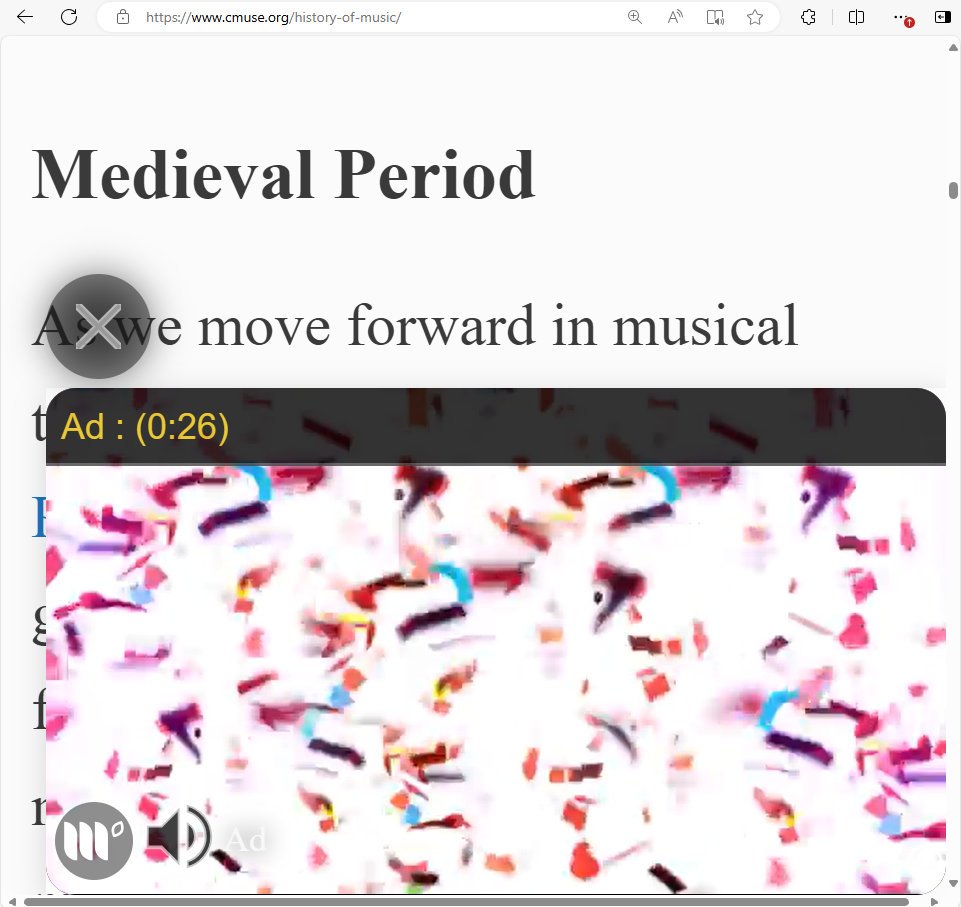 a music history website's section on the Medieval period of history. A fixed-position ad obstructs the majority of the content.