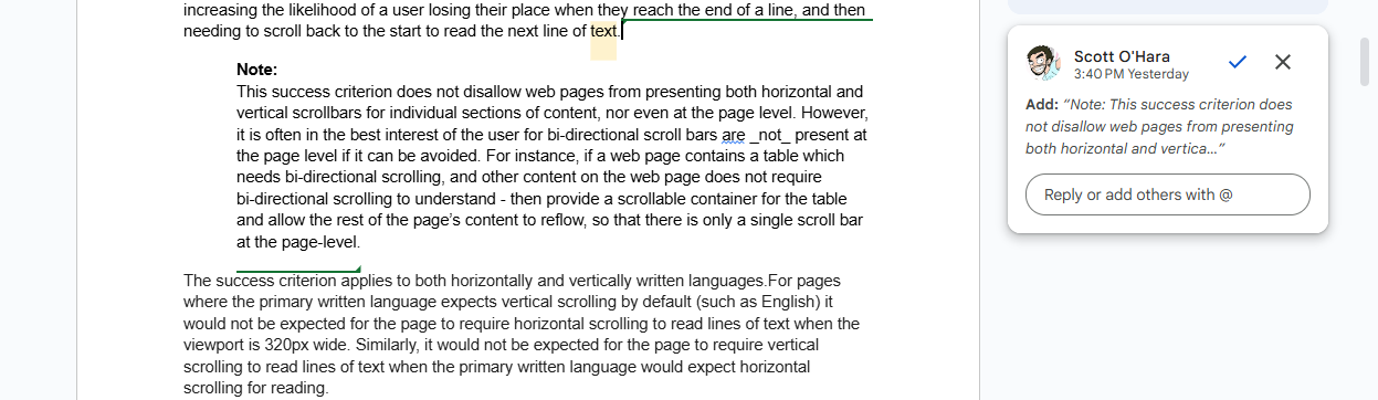 online rich text document - on the left: the text document is displayed at dimensions representing the physical width and height of the page.  On the right, a comment referring to highlighted text in the text document.